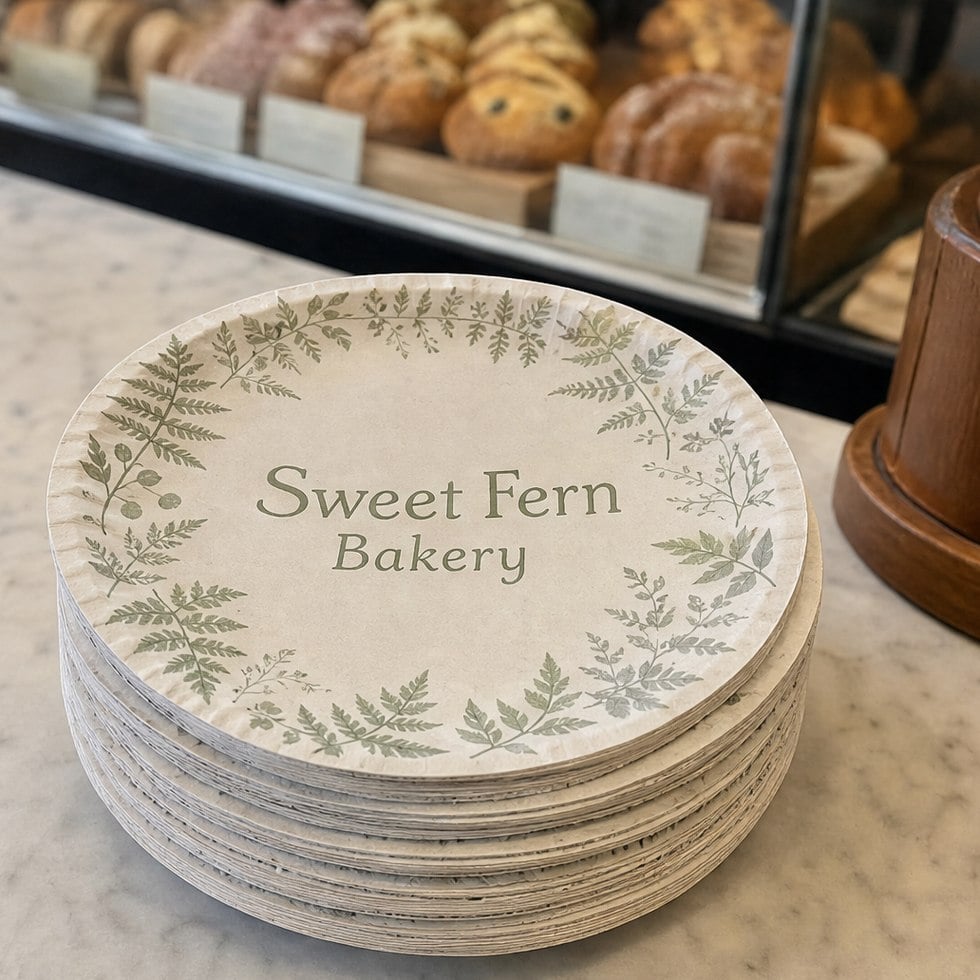 Custom logo dessert plates beside a bakery case