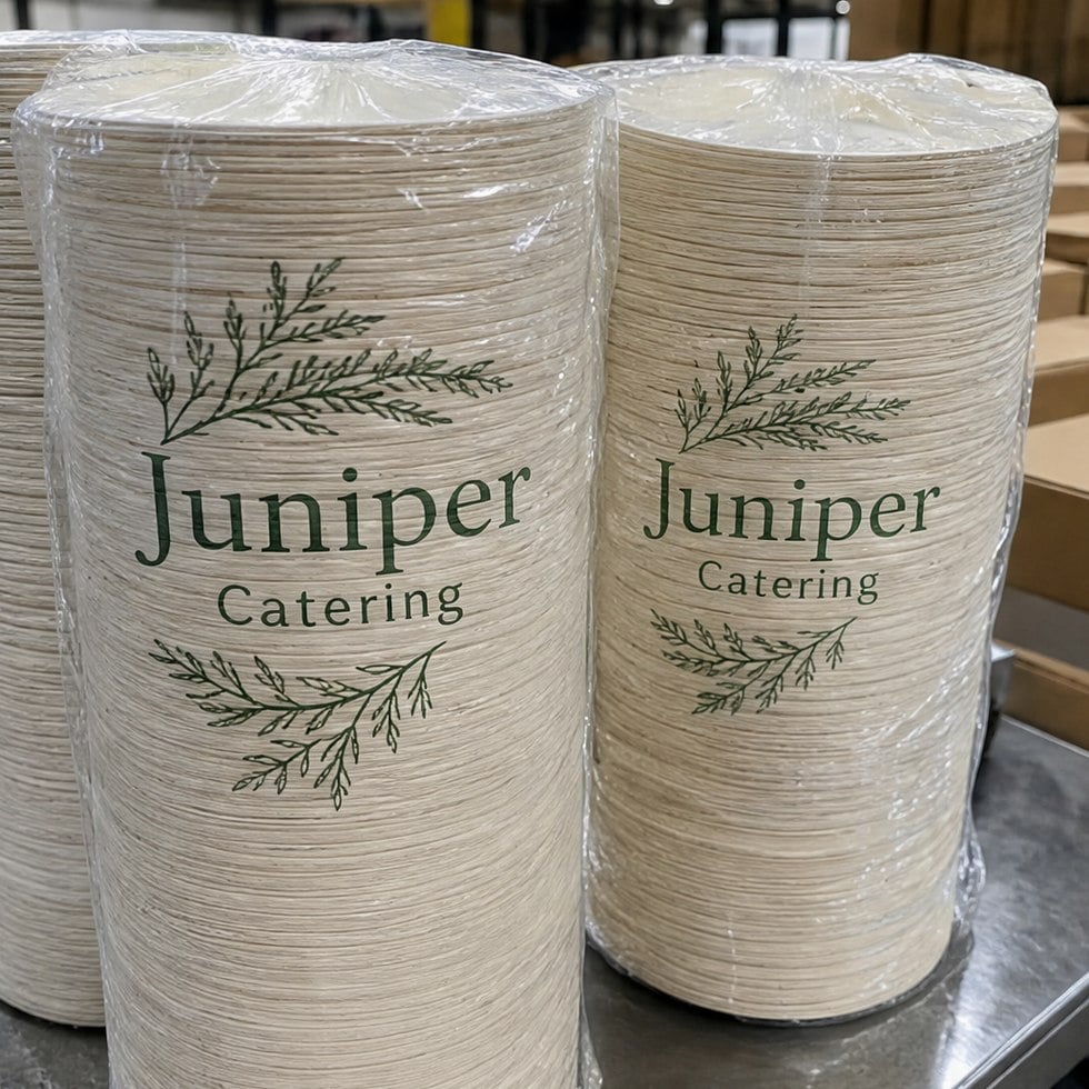 Custom printed paper plates in bulk stacks