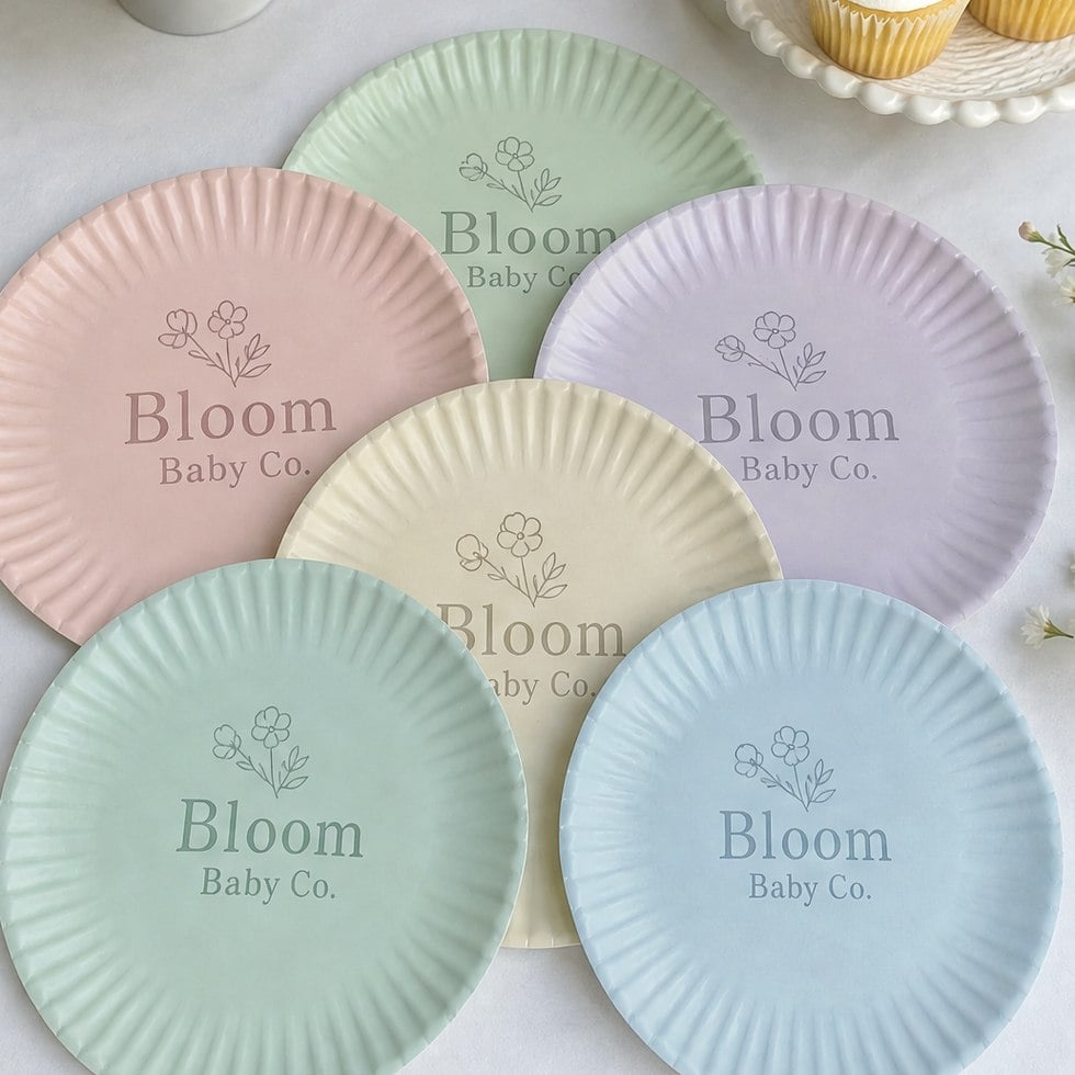Personalized party plates on a dessert table