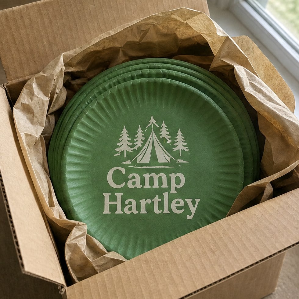 Wholesale printed paper plates in an open shipping box